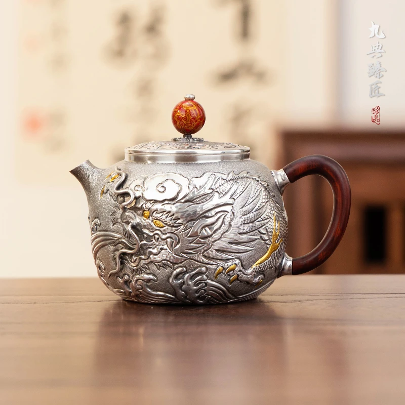 足银999纯手工一张打浮雕龙腾四海高档银泡茶壶中式复古家用银壶