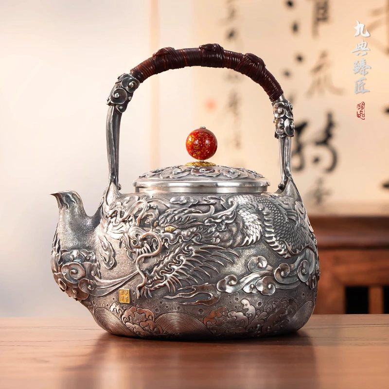九典张家松纯手工浮雕錾刻烧水壶高档银壶送礼收藏煮水银壶大容量