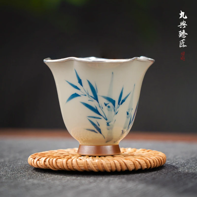 九典臻匠草木灰手绘兰竹小茶杯银杯家用釉下彩品茗杯瓷包银闻香杯