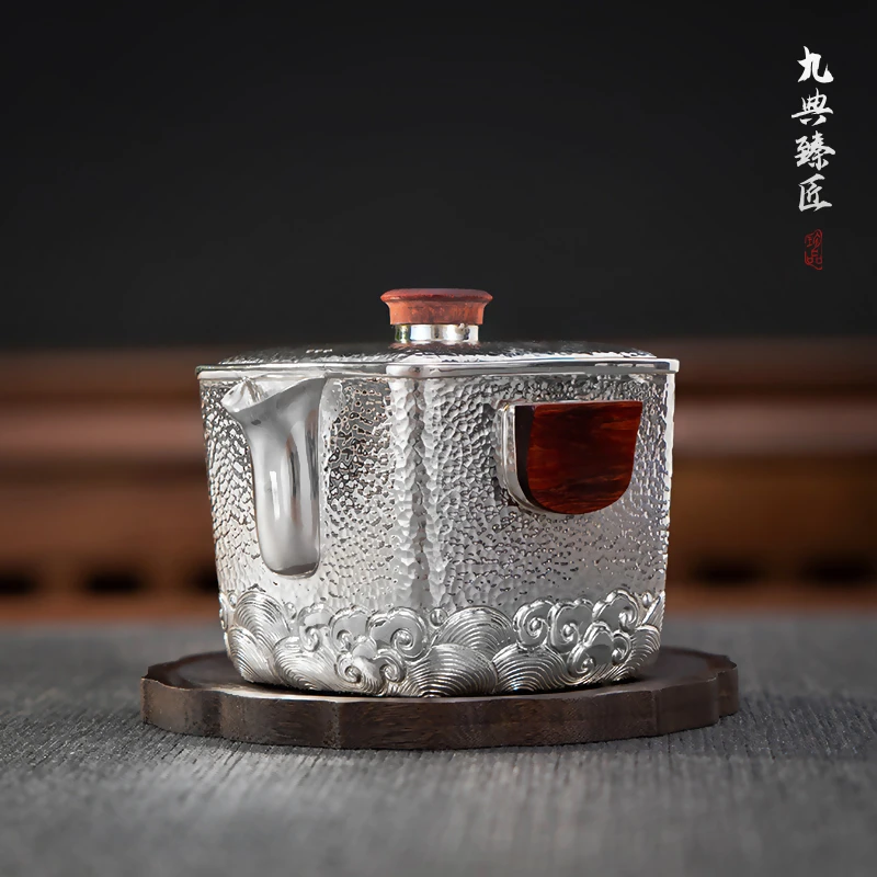 九典 足银999盖碗纯手工手抓泡茶壶四方海浪便携日式家用中式复古