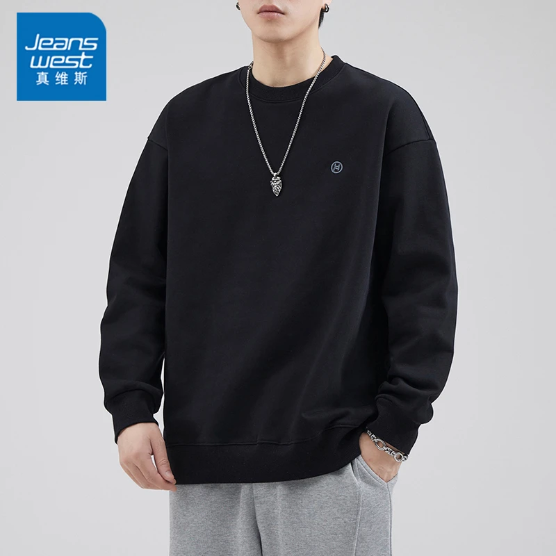 Jeanswest/真维斯日系秋冬男士ins刺绣长袖宽松T恤加厚卫衣水洗