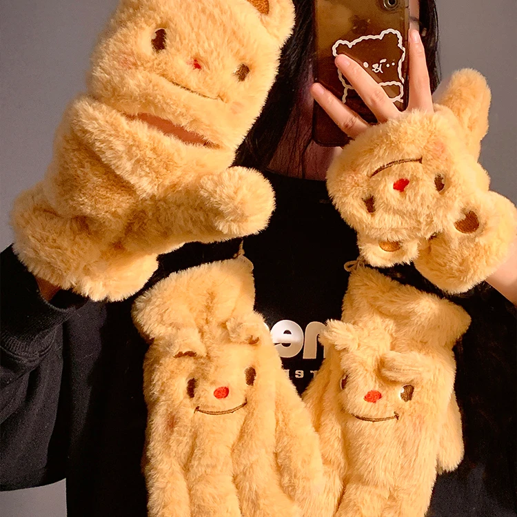 可爱小熊半指翻盖毛绒手套女秋冬季保暖加绒加厚可爱学生写字防寒