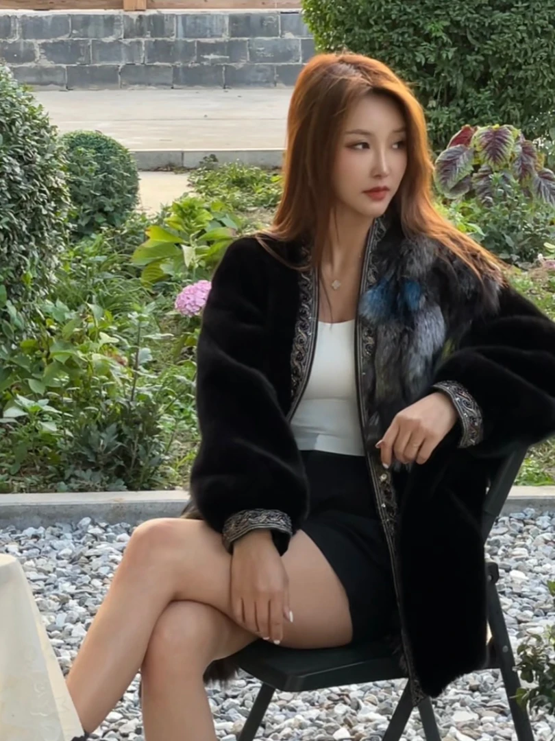 2024冬款狐狸毛配环保毛中长款宽松版加厚毛毛外套