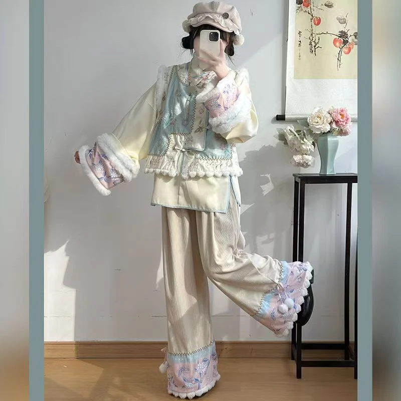 花白集原创汉服女清汉女重工刺绣马甲改良格格服加绒加厚套装秋冬