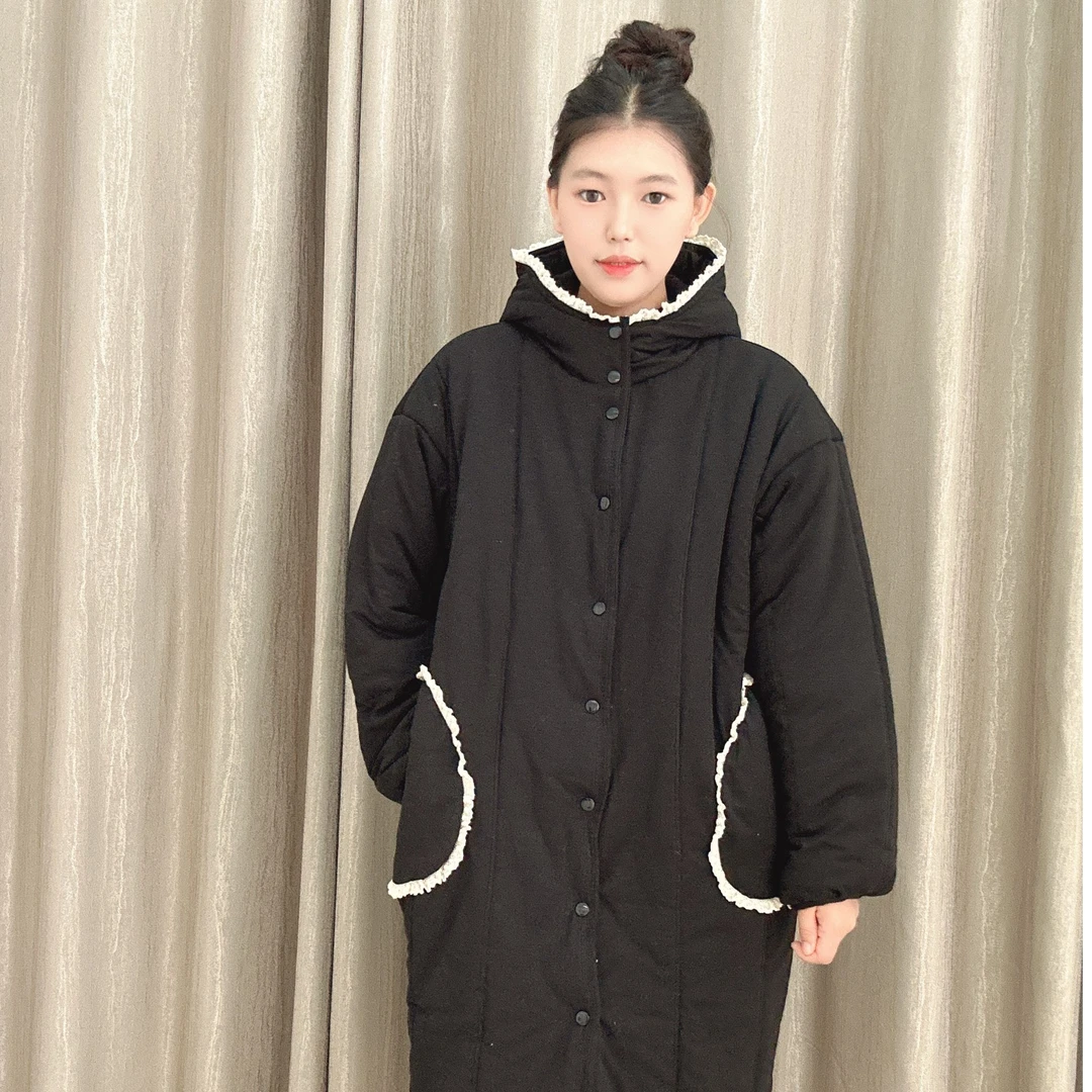 TT新疆棉棉花衣【纯黑色】连帽蕾丝直筒大长款保暖宽松家居服棉花衣