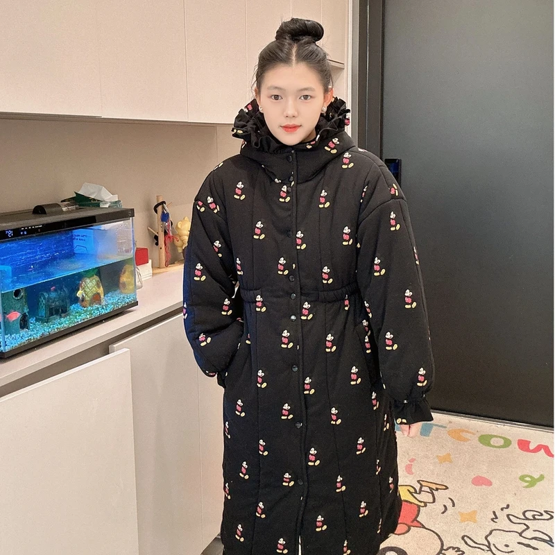 【黑底米奇】收腰花边帽新疆棉花衣宽松家居服女保暖棉衣棉服