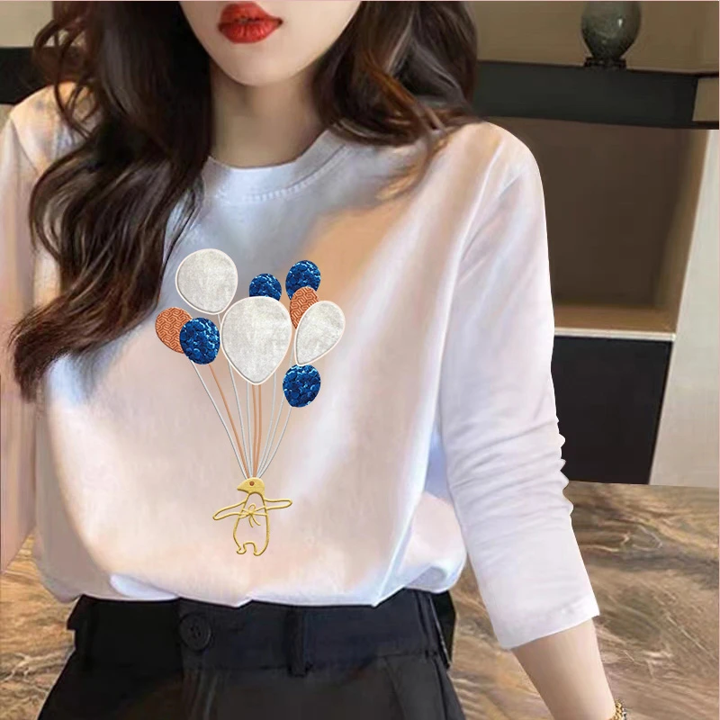 米子旗工长袖t恤女装2024新款时尚春季设计感春白色圆领百搭ins