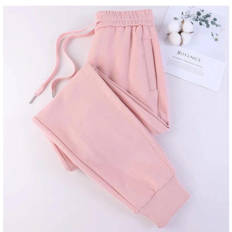 全棉粉色运动裤女春秋2023新款100%纯棉卫裤女毛圈休闲高腰裤子女
