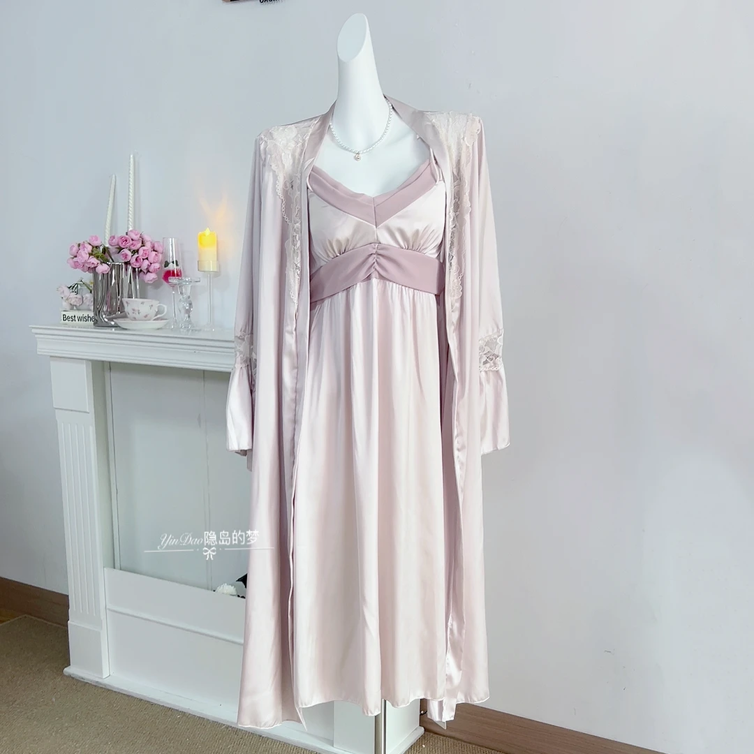 【秋水】法式性感蕾丝睡裙女春秋新款吊带睡衣家居服带胸垫长款轻奢