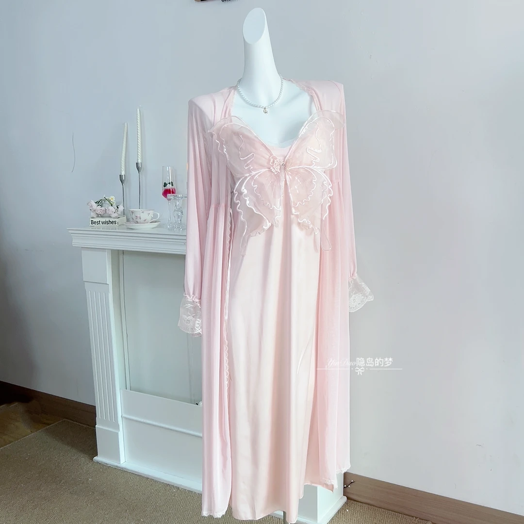 【胭脂】蝴蝶吊带睡裙女春秋新款性感睡衣家居服长款两件套带胸垫
