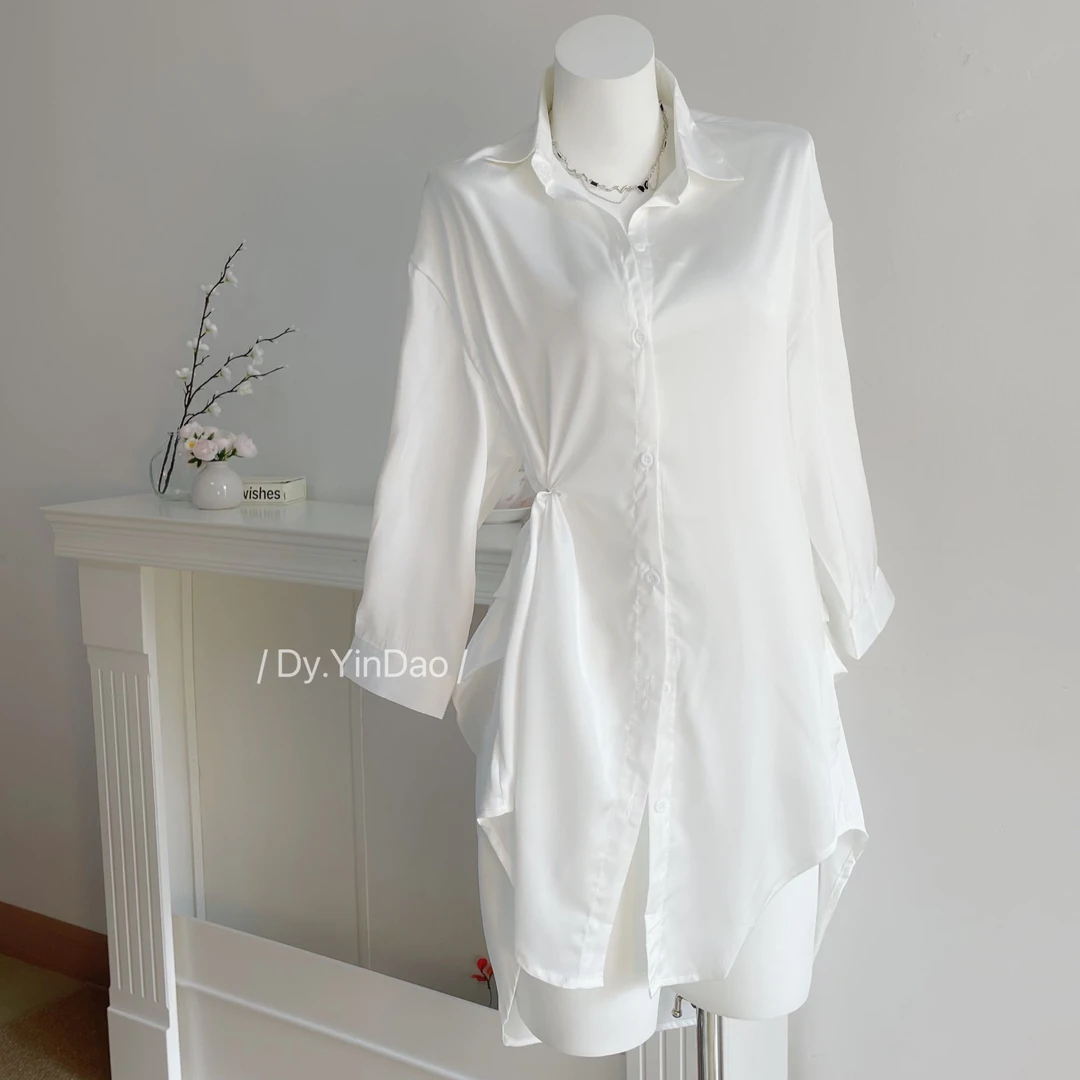 纯欲男友风性感丝质白衬衫睡衣女开衫长袖冰丝内衣春秋新款可外穿