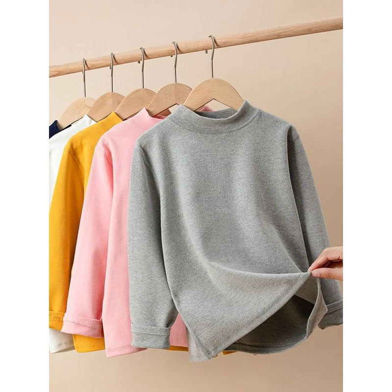 儿童打底衫中大童秋冬新款长袖半高领上衣男童女童磨毛保暖内搭厚