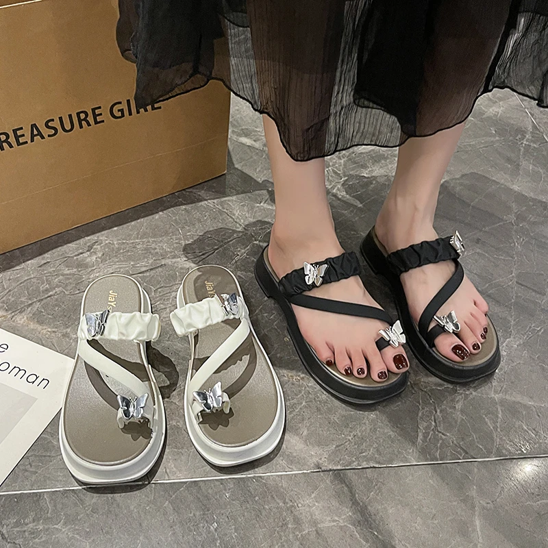2024年套趾拖鞋女夏外穿蝴蝶夹脚厚底法式海边沙滩绝美凉拖鞋