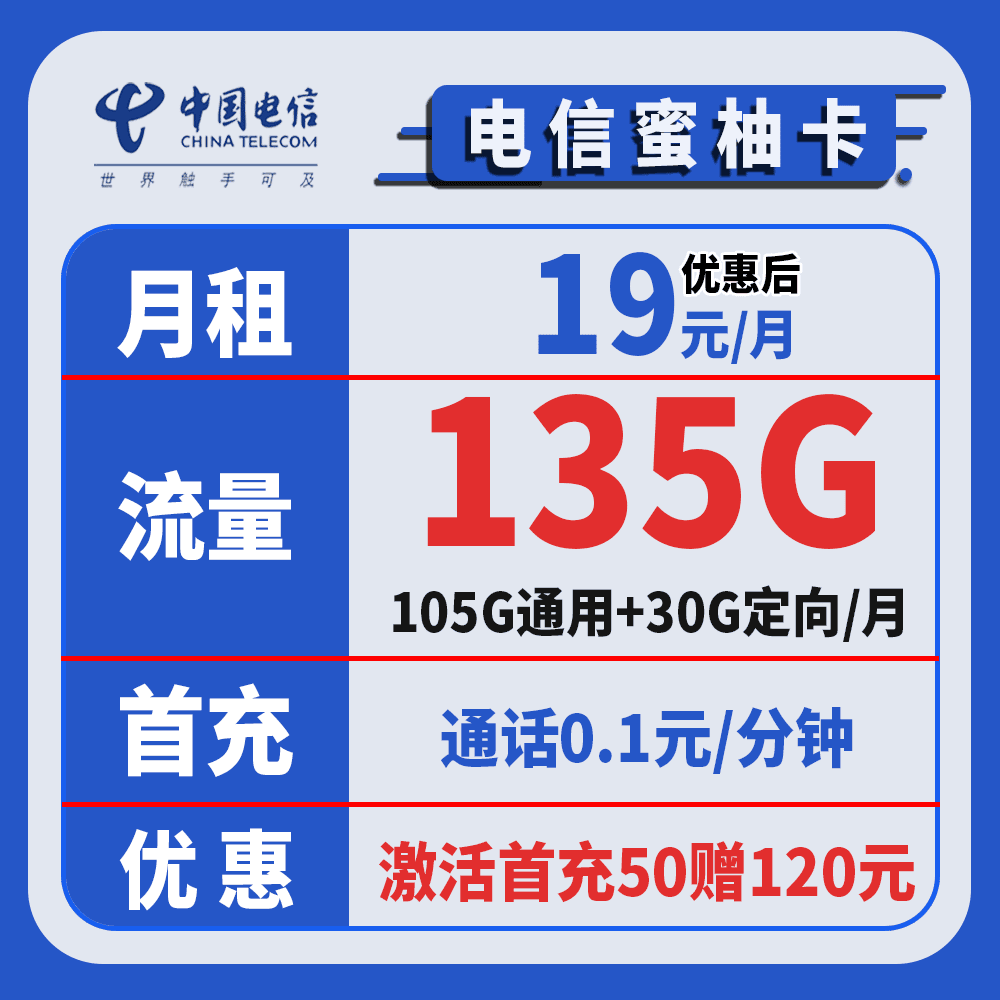 2716【电信蜜柚卡】5G手机流量卡电信星卡号卡电话卡月19元135G通用