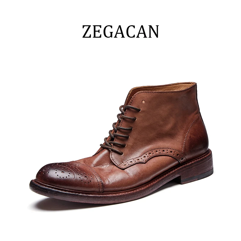 Zegacan固特异男士商务休闲马丁靴英伦风复古擦色雕花头层牛皮鞋