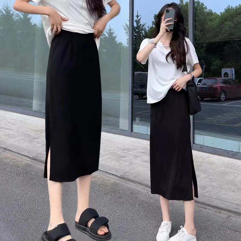 黑色高腰显瘦半身裙开叉设计中长款直筒休闲裙子夏季