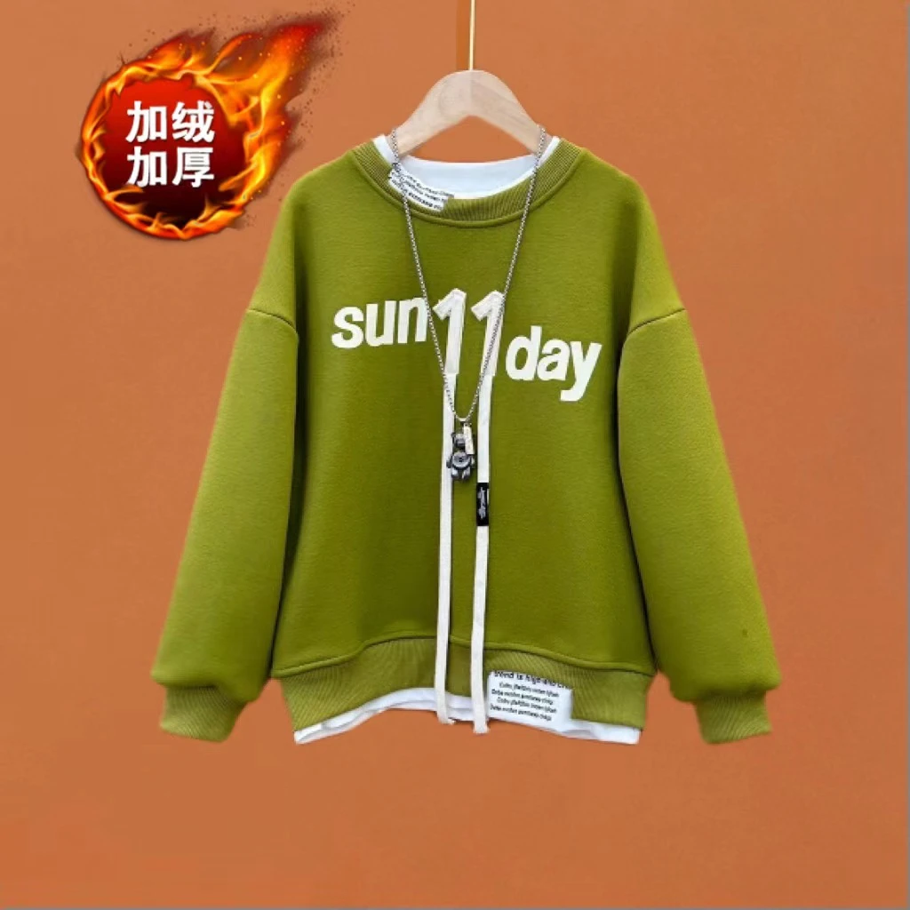 现货冬装男女童加绒圆领卫衣中大童一体绒加厚上衣冬【不含衬衫】
