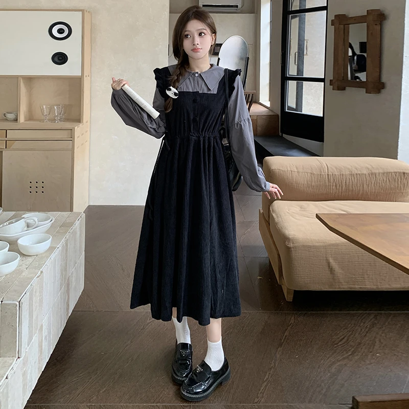 实拍~假两件长袖连衣裙大码女装裙2024新款秋季胖mm遮肚显瘦长裙