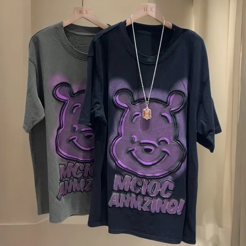 【H.X蕾姐】2024大码女装早秋爆款卡通熊印花百搭宽松休闲t恤