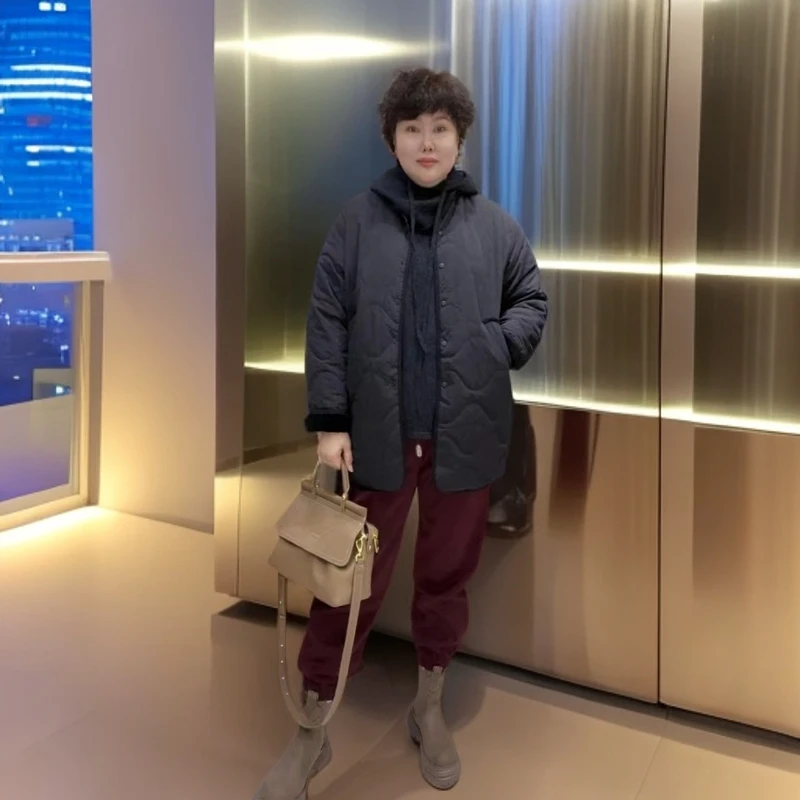 【H.X蕾姐】2024秋冬款中长款气质宽松无领菱格棉服外套