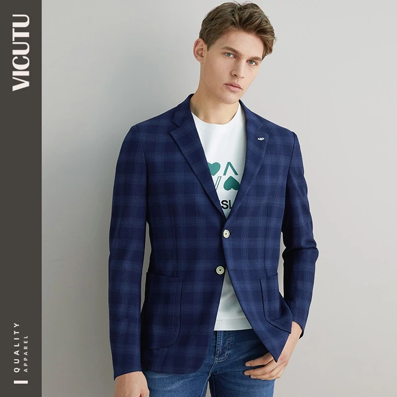 威可多男士单西服轻商务休闲格纹羊毛修身西装外套时尚格子上衣