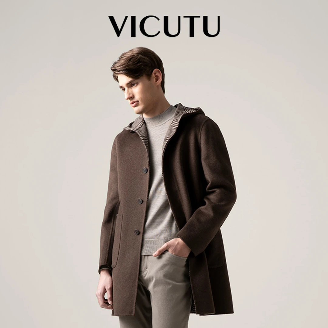 威可多双面大衣男时尚连帽保暖羊毛修身毛呢大衣休闲商务外套男士