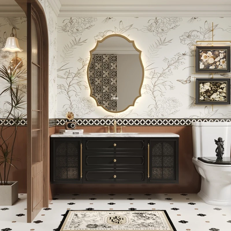 法式复古橡木烤漆浴室柜组合美式卫生间岩板无缝盆吊柜洗脸盆卫浴