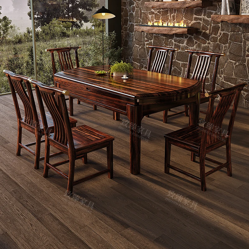 乌金木实木餐桌折叠可伸缩家用方圆两用跳台中小户型餐桌椅组合