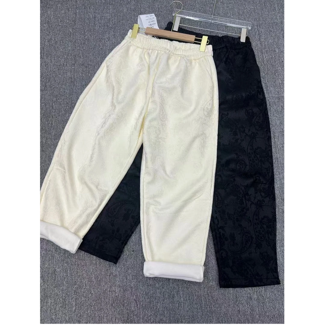 哈伦裤加绒秋冬加厚宽松百搭休闲时尚雕花舒适外穿纯色保暖冬季