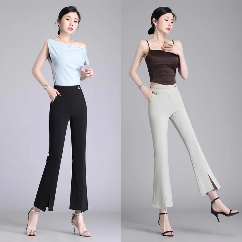 卡里卡女裤2315高腰显瘦夏季薄款棉麻垂感开叉微喇九分裤休闲裤