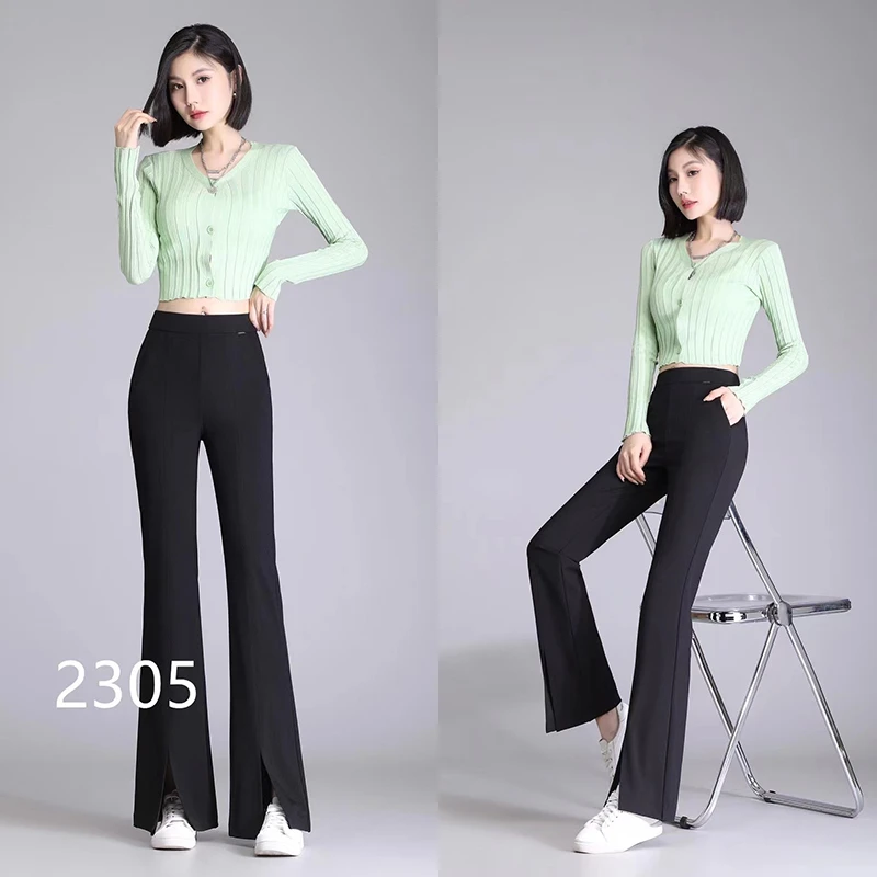 卡里卡女裤2305前开叉黑裤子春夏高腰微喇垂感休闲显瘦拖地直筒裤
