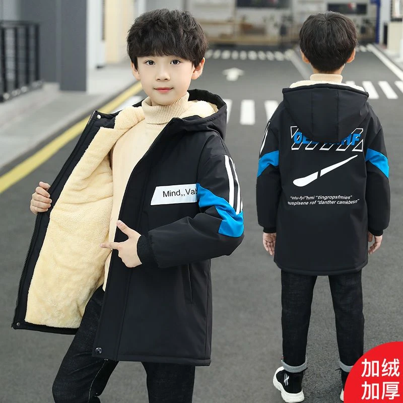 巴拉扣扣男童加绒外套中大童加厚羽绒棉服2024新款派克服秋冬款