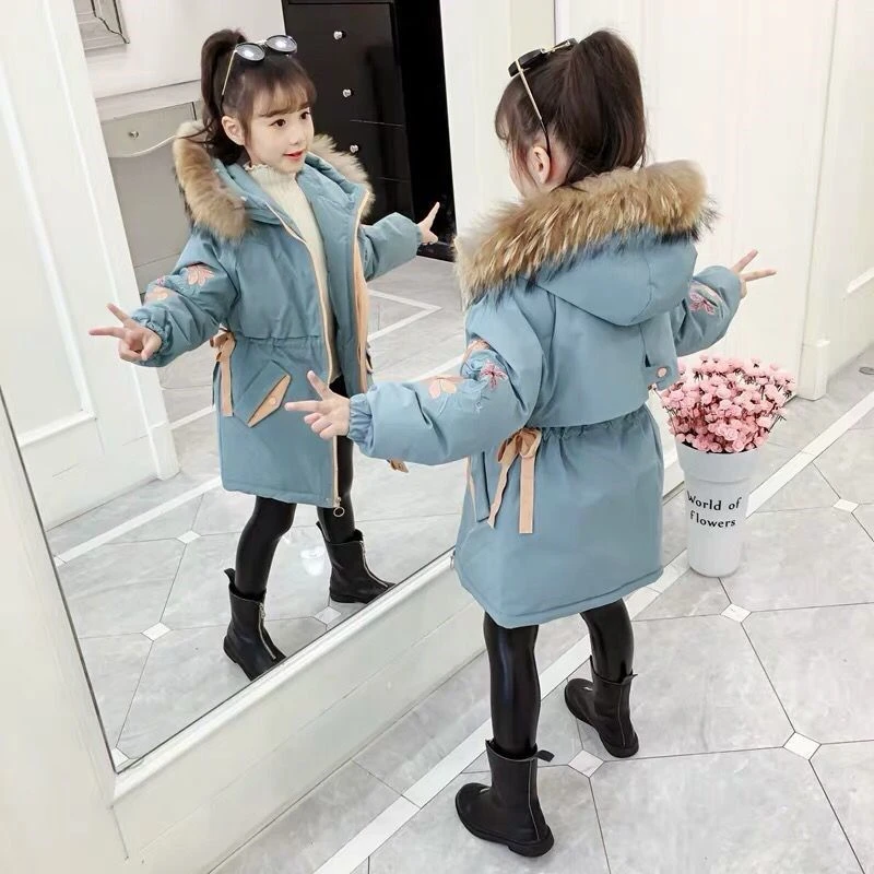 巴拉扣扣女童羽绒棉衣派克服2024新款洋气儿童加厚中长外套加绒