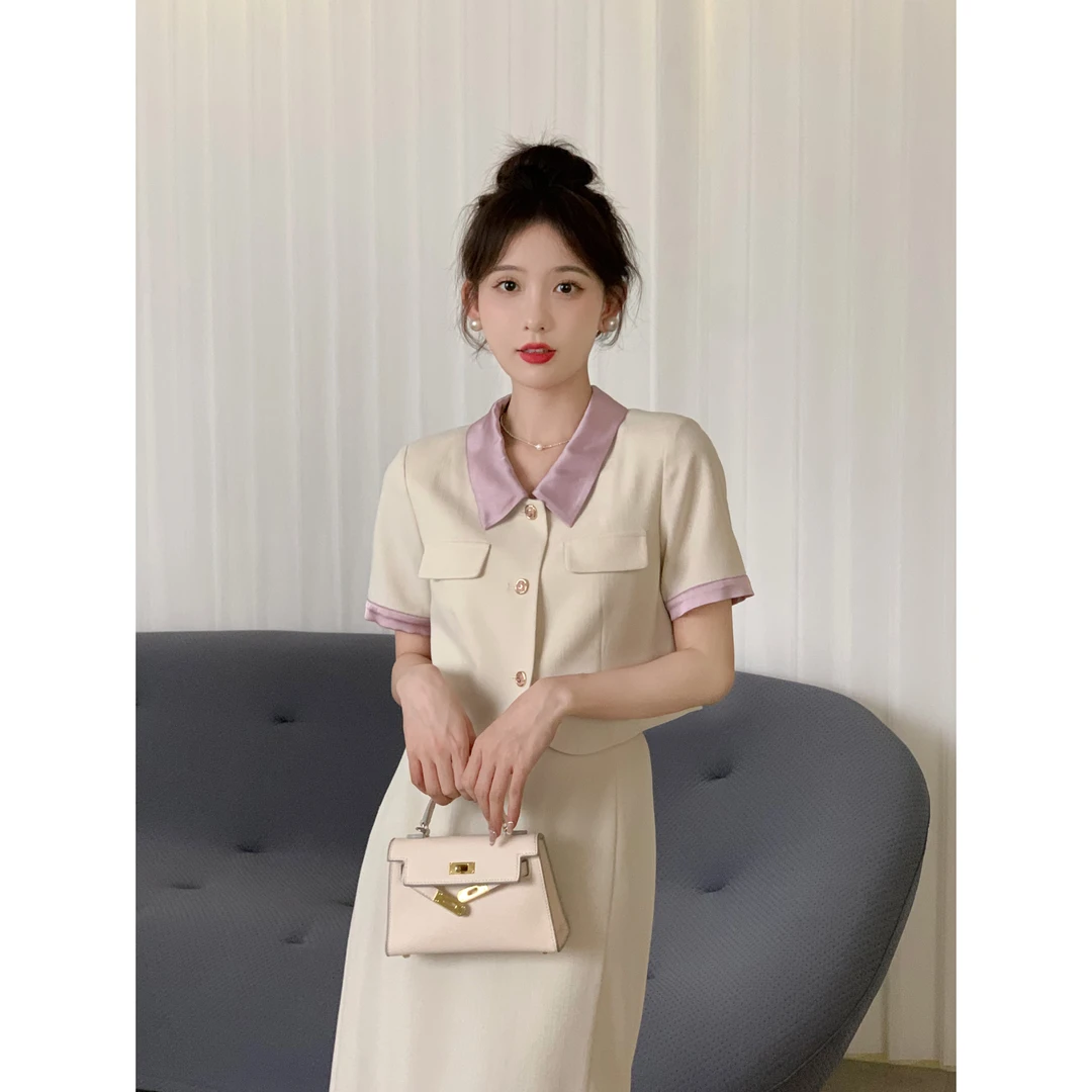 2023夏季新款女法式气质设计感小香风翻领短袖上衣半身裙时尚套装