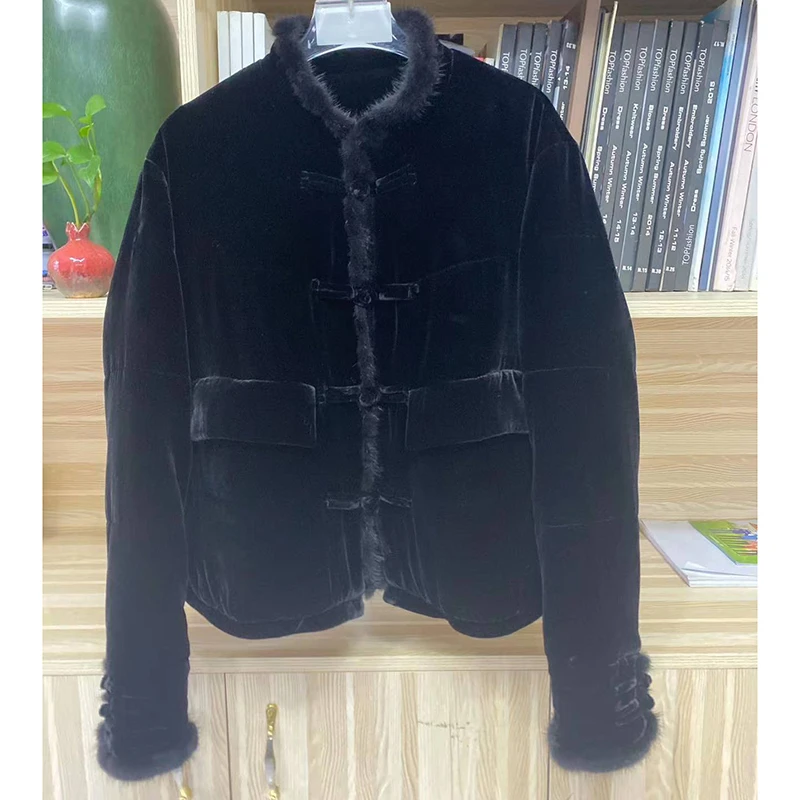 YW816真丝桑蚕丝丝绒长袖拼接水貂毛秋冬上衣女士黑色