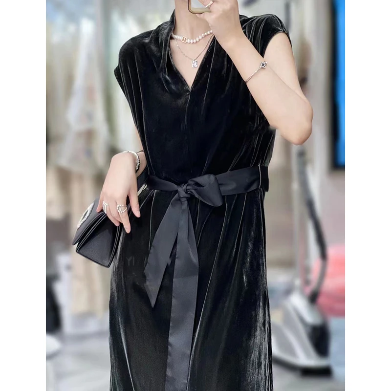 G98806百分百桑蚕丝真丝丝绒连衣裙腰带气质国风小众夏季设计师