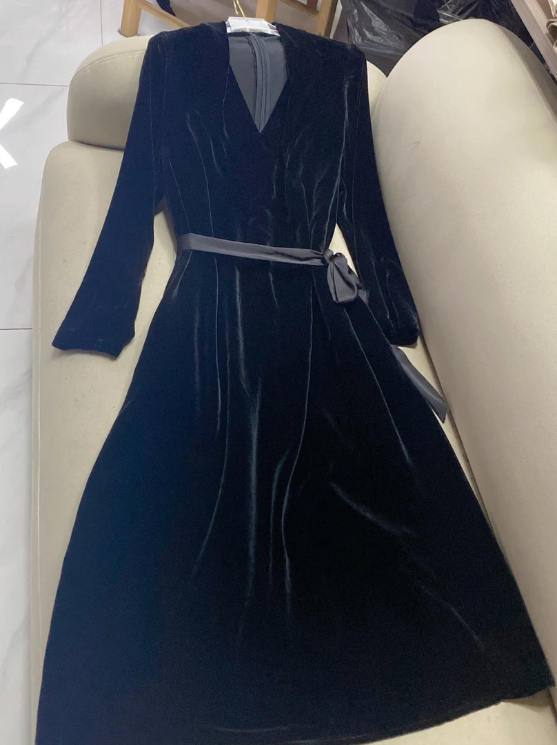 GZ3278桑蚕丝真丝丝绒V领百搭显瘦连衣裙