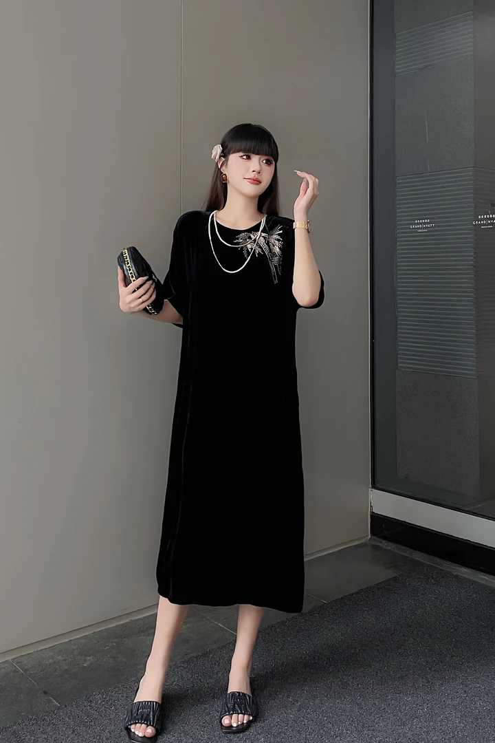 GZ2609真丝桑蚕丝丝绒钉珠女装连衣裙显瘦轻奢
