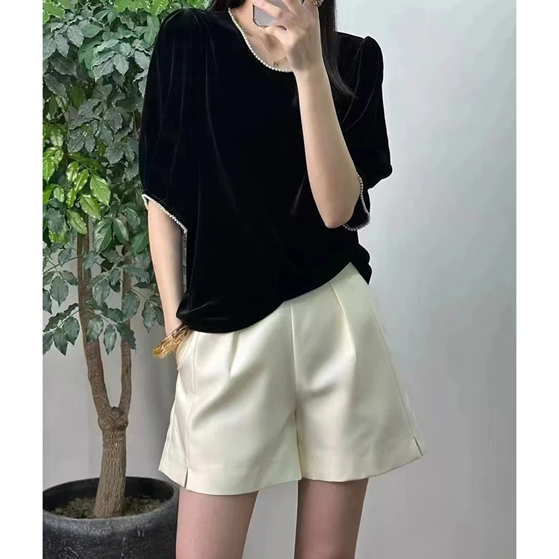 WA583真丝桑蚕丝丝绒钉珠短袖上衣夏季简约