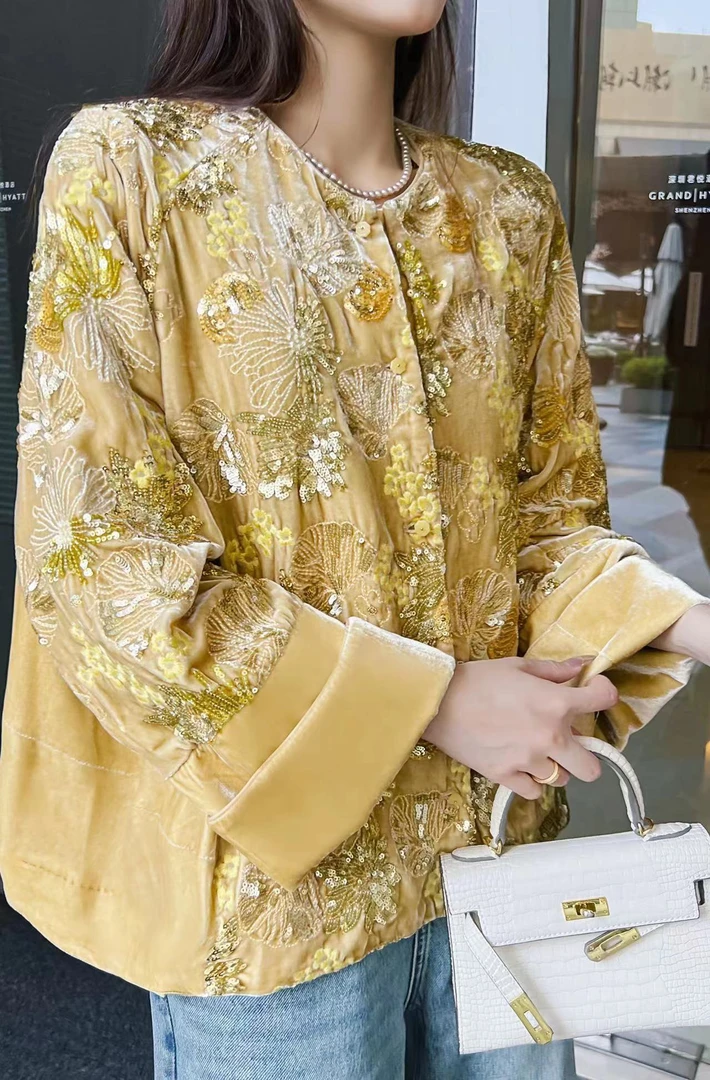 GZ2399真丝桑蚕丝蚕宝宝丝绒植绒钉珠亮片衬衫上衣上衣女外套