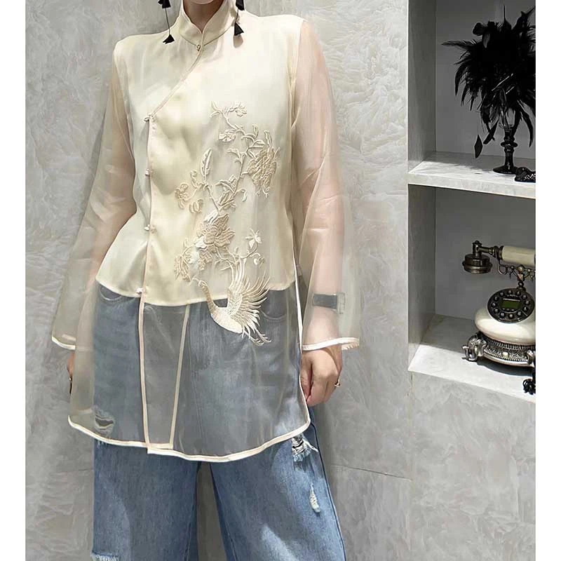 WY23970真丝桑蚕丝欧根纱刺绣长袖上衣宽松中式中国风春夏