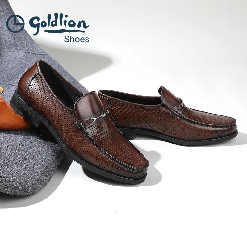 金利来男鞋新款夏季复古商务休闲皮鞋男耐磨冲孔透气一脚蹬乐福鞋