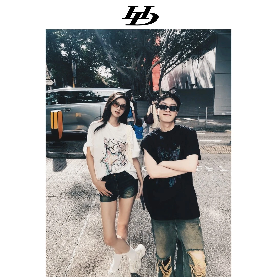 HD CHINA板板酱同款春夏原创设计定制面料五角星T恤男女同款 宽松