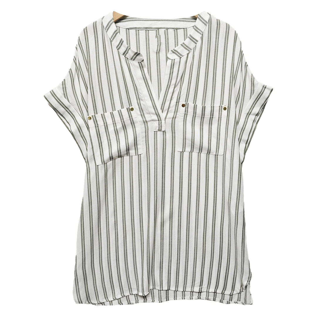 6264#竖条纹短袖上衣时尚百搭通勤舒适休闲女士