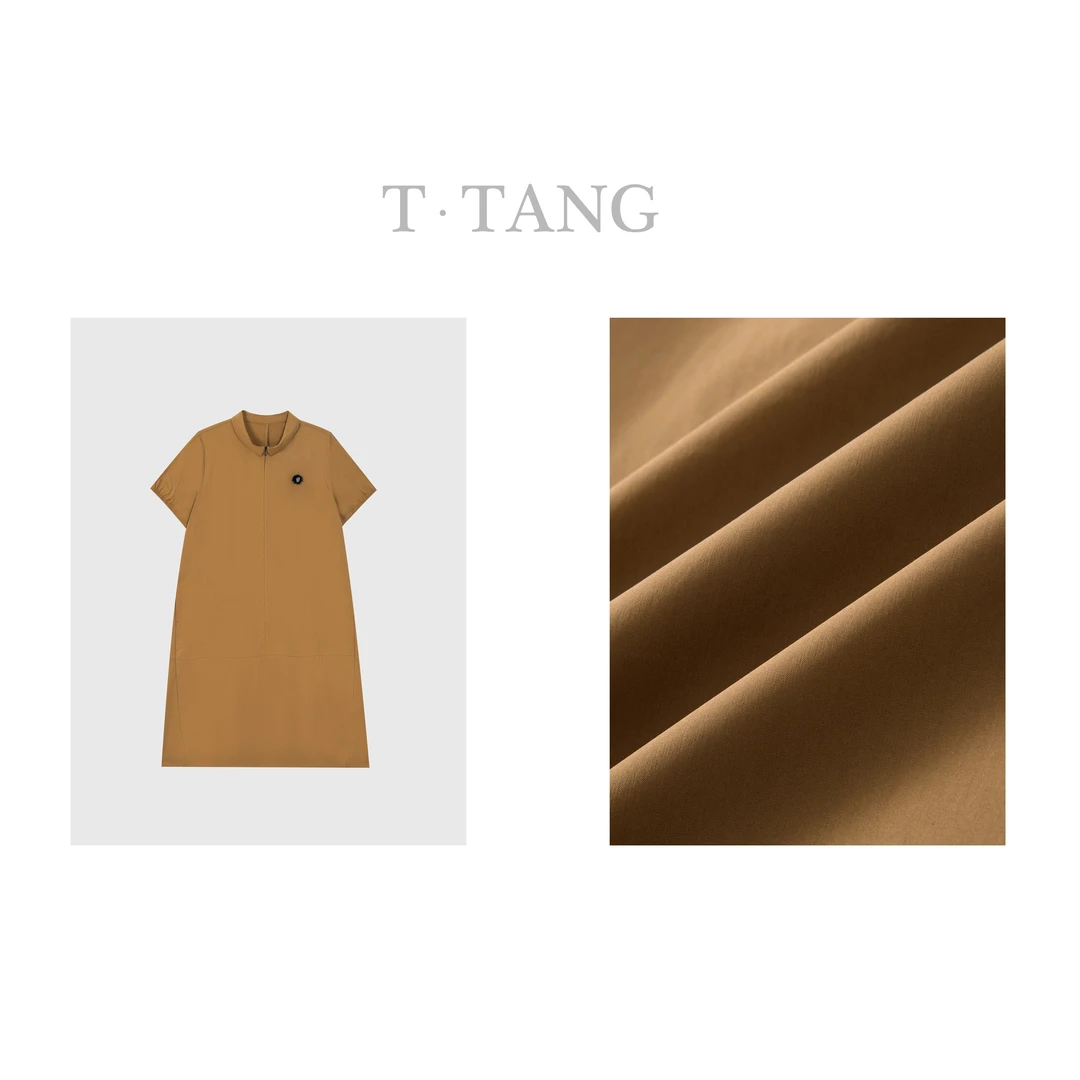 （微瑕介意勿拍）高密平纹面料翻领半拉链门襟纯色棉质连衣裙【6358】