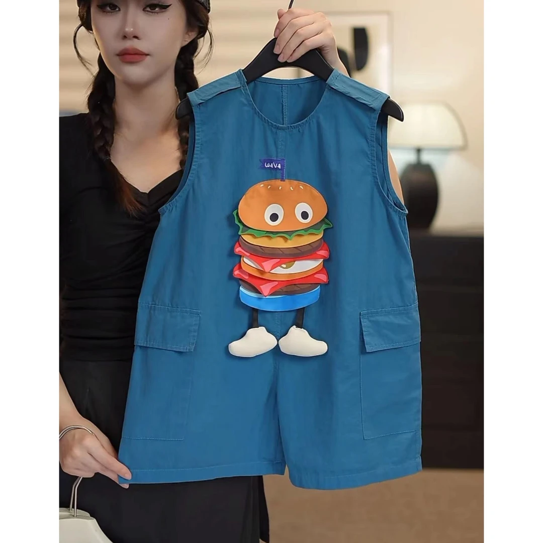 小咖童装2024 汉堡包 夏季新款儿童宽松薄款潮流连身衣无袖1