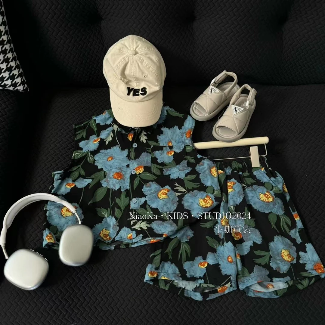 小咖童装2024夏季儿童宽松时尚短袖潮流百搭短裤儿童套装二件套