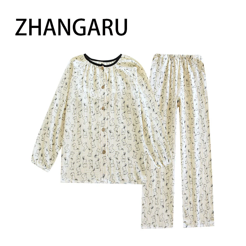 （素描兔子）婴儿泡泡棉纱睡衣女春秋圆领套装冬透气减龄舒适家居服