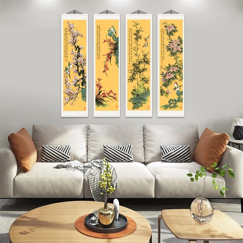 梅兰竹菊145*33*4郑晓京四条屏卷轴挂画家居挂装饰客厅高清复刻
