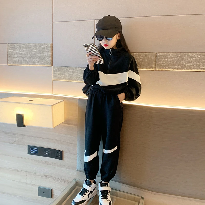 女童秋冬装套装洋派女大童网红时髦秋季儿童运动套装炸街加绒冬装